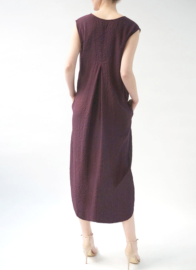 HELENNE DRESS (Clay, Crocus, Aquamarine, Persimmon,  Delft Blue,  Chartreuse, and Black) shown in PLUM)
